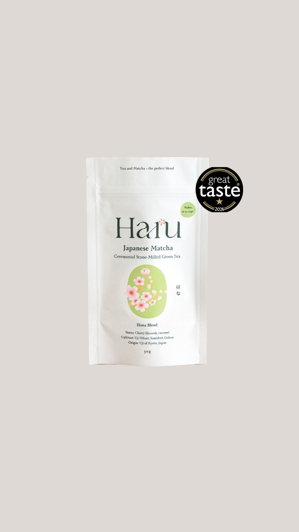 A white stand-up pouch of Haru Hana Japanese Matcha with a black 'great taste' award badge overlay on the top right, set against a solid light gray background.