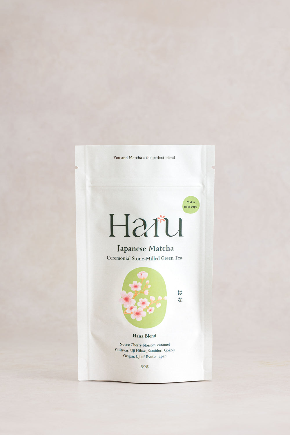 Haru Japanese Hana Matcha green tea package on a light pink background