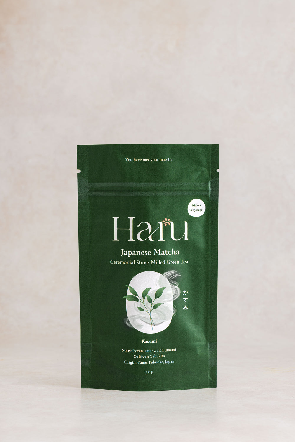 Haru Japanese Matcha Kasumi green tea package on a light beige background