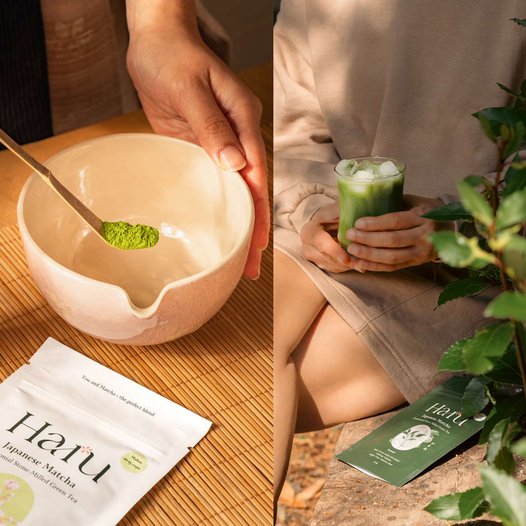 A split lifestyle scene showing a person preparing and drinking Haru Japanese Matcha. The left side shows a hand holding a ceramic bowl while a spoonful of bright green matcha powder is poured.