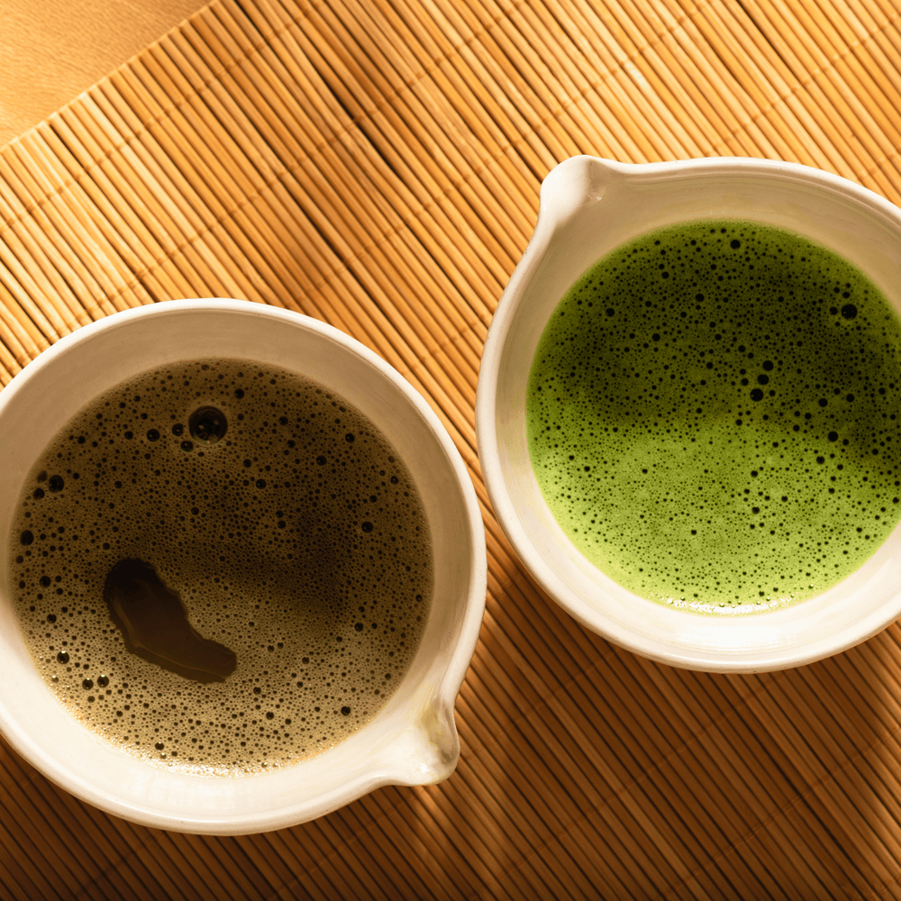 Hot Matcha and Hojicha alongside each other