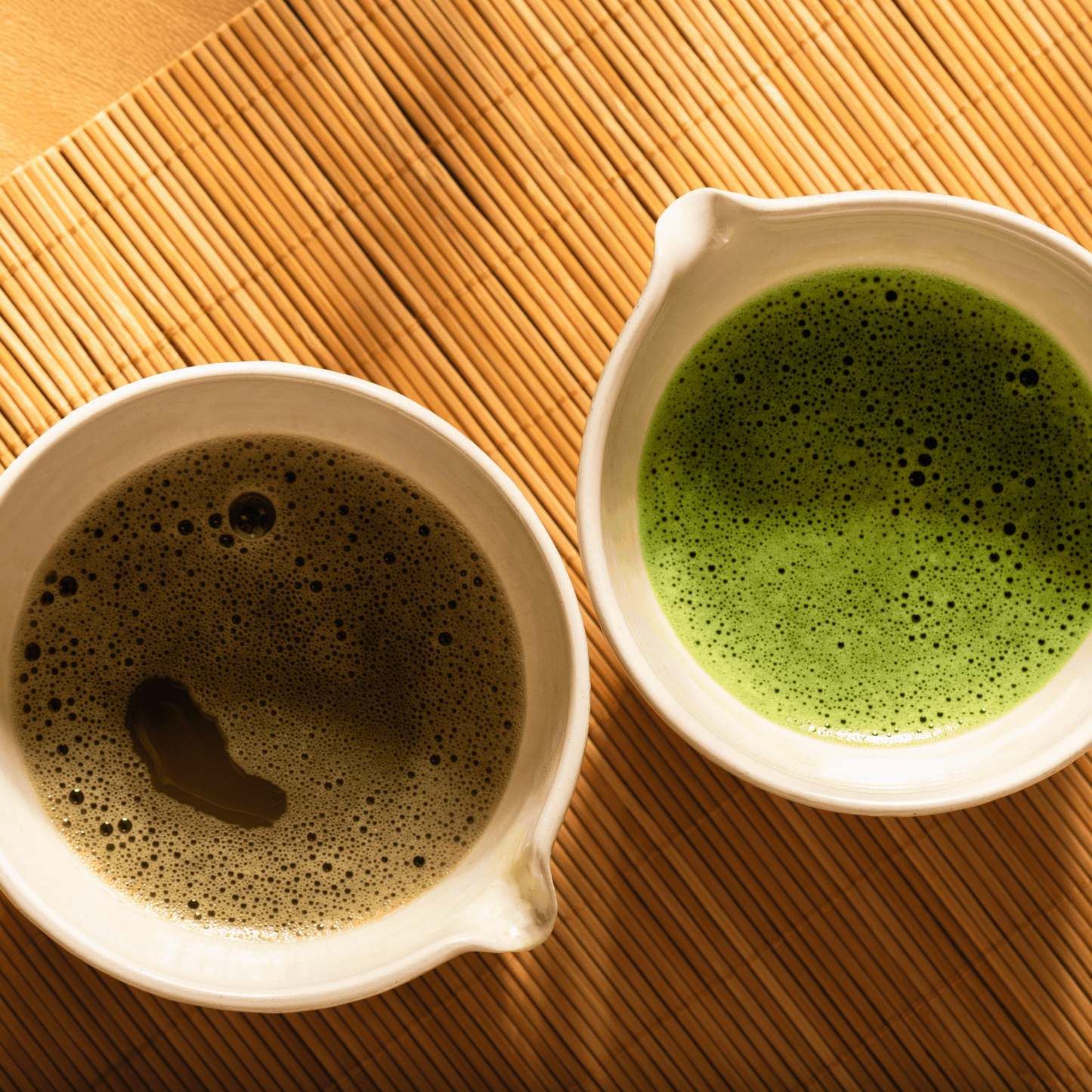 Hot Matcha and Hojicha alongside each other